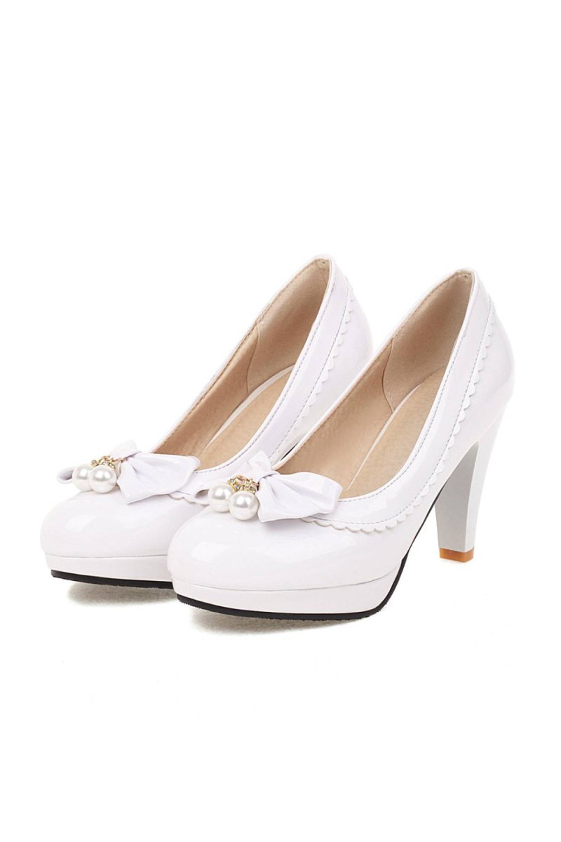 Retro Bow Pearl High Heels Shoes - KissProm