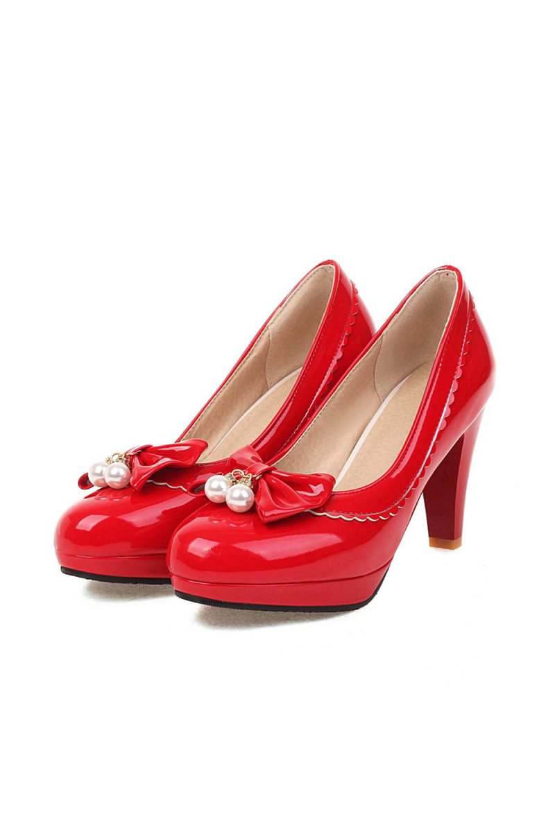 Retro Bow Pearl High Heels Shoes - KissProm