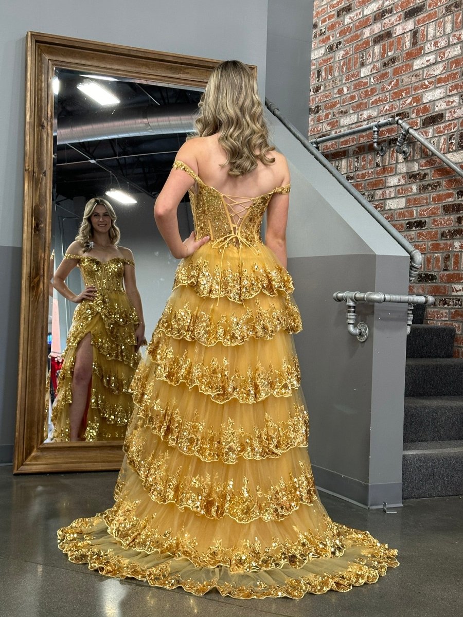 Lace gold prom dress best sale