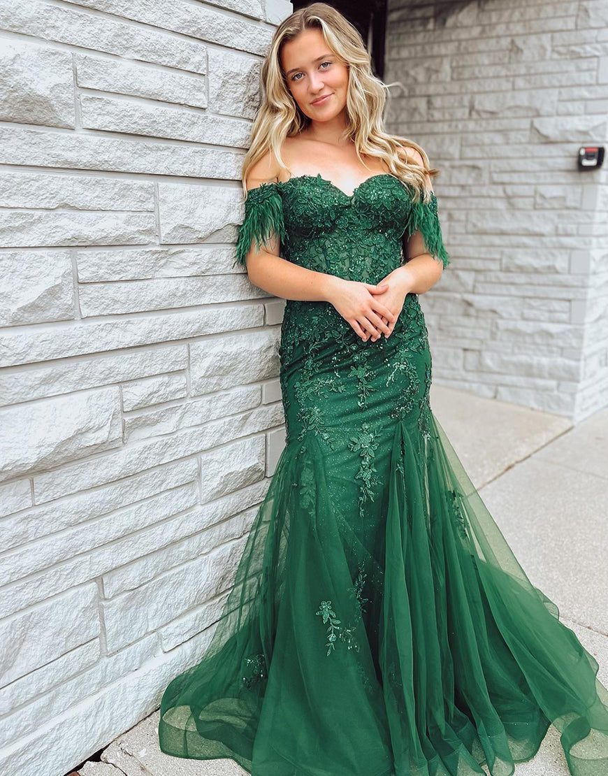 Pauline | Dark Green Mermaid Long Corset Prom Dress With Appliques