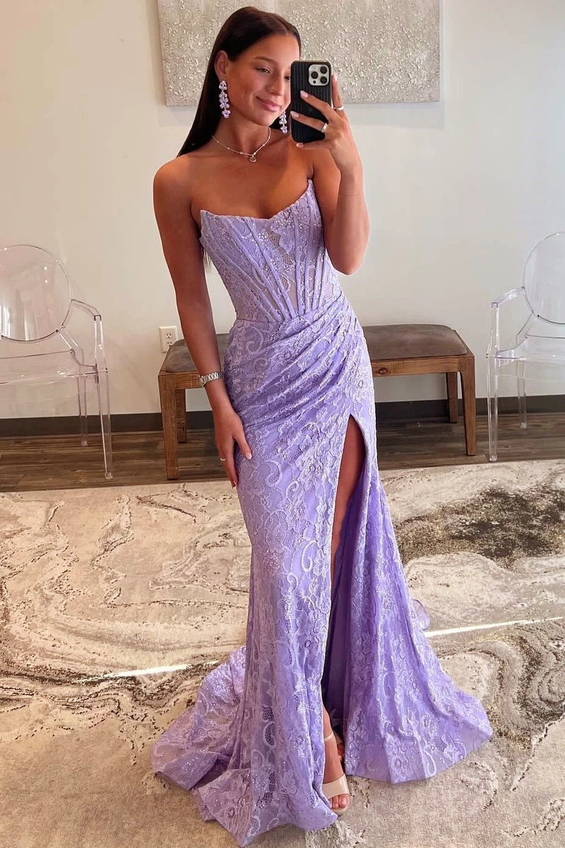 Mandy | Lavender Strapless Lace Ruched Mermaid Prom Dress with Slit