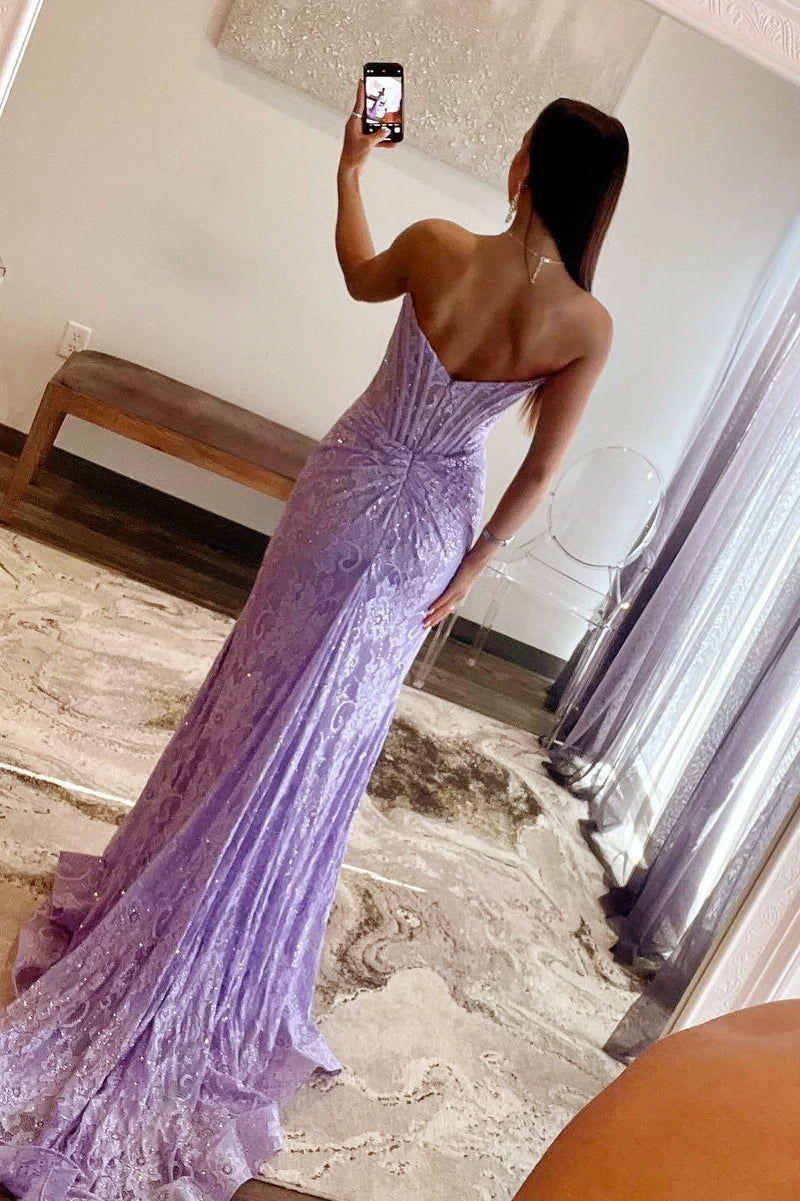 Mandy | Lavender Strapless Lace Ruched Mermaid Prom Dress with Slit