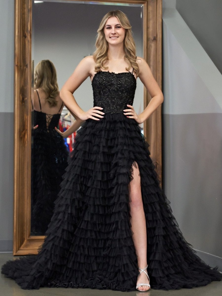 Jordan | Black A - Line Tiered Sequins Tulle Long Prom Dress - KissProm