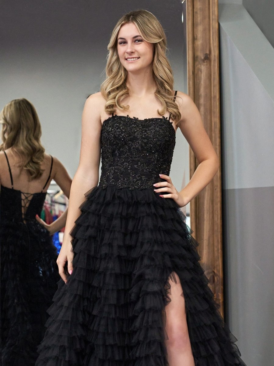 Jordan | Black A - Line Tiered Sequins Tulle Long Prom Dress - KissProm