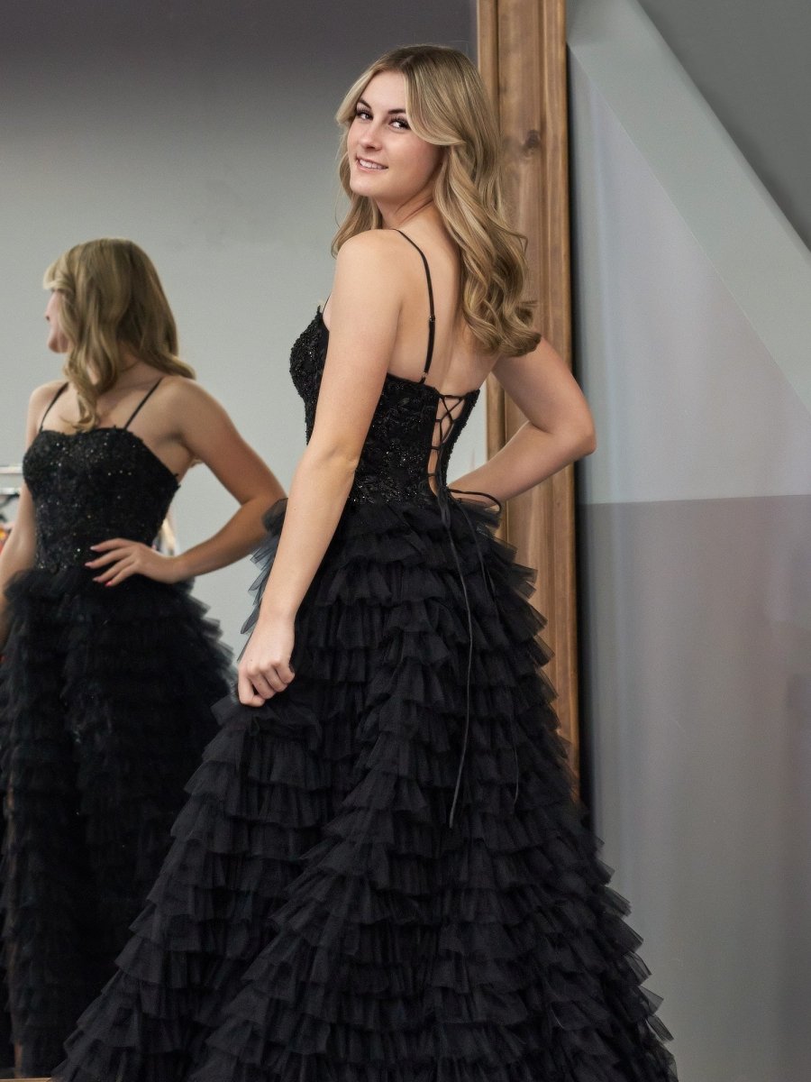 Jordan | Black A - Line Tiered Sequins Tulle Long Prom Dress - KissProm