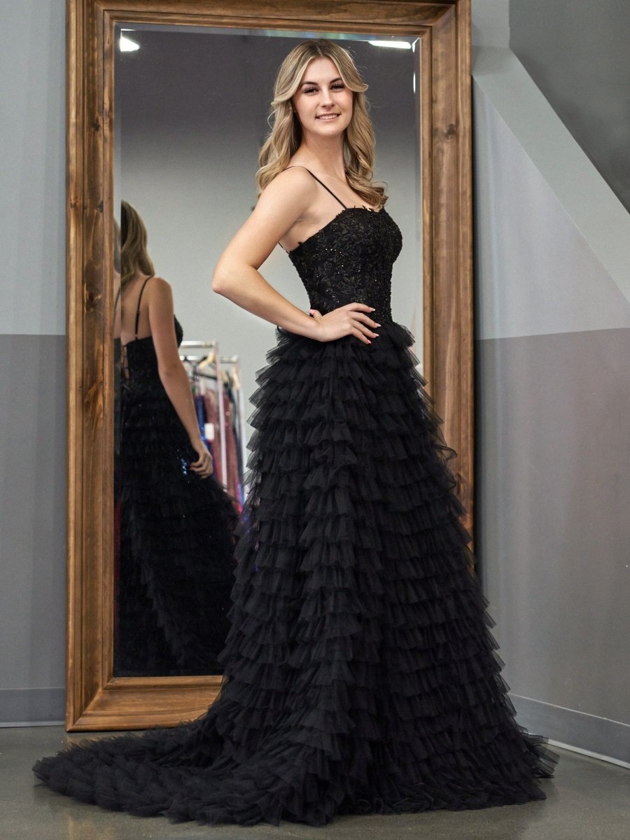 Jordan | Black A - Line Tiered Sequins Tulle Long Prom Dress - KissProm