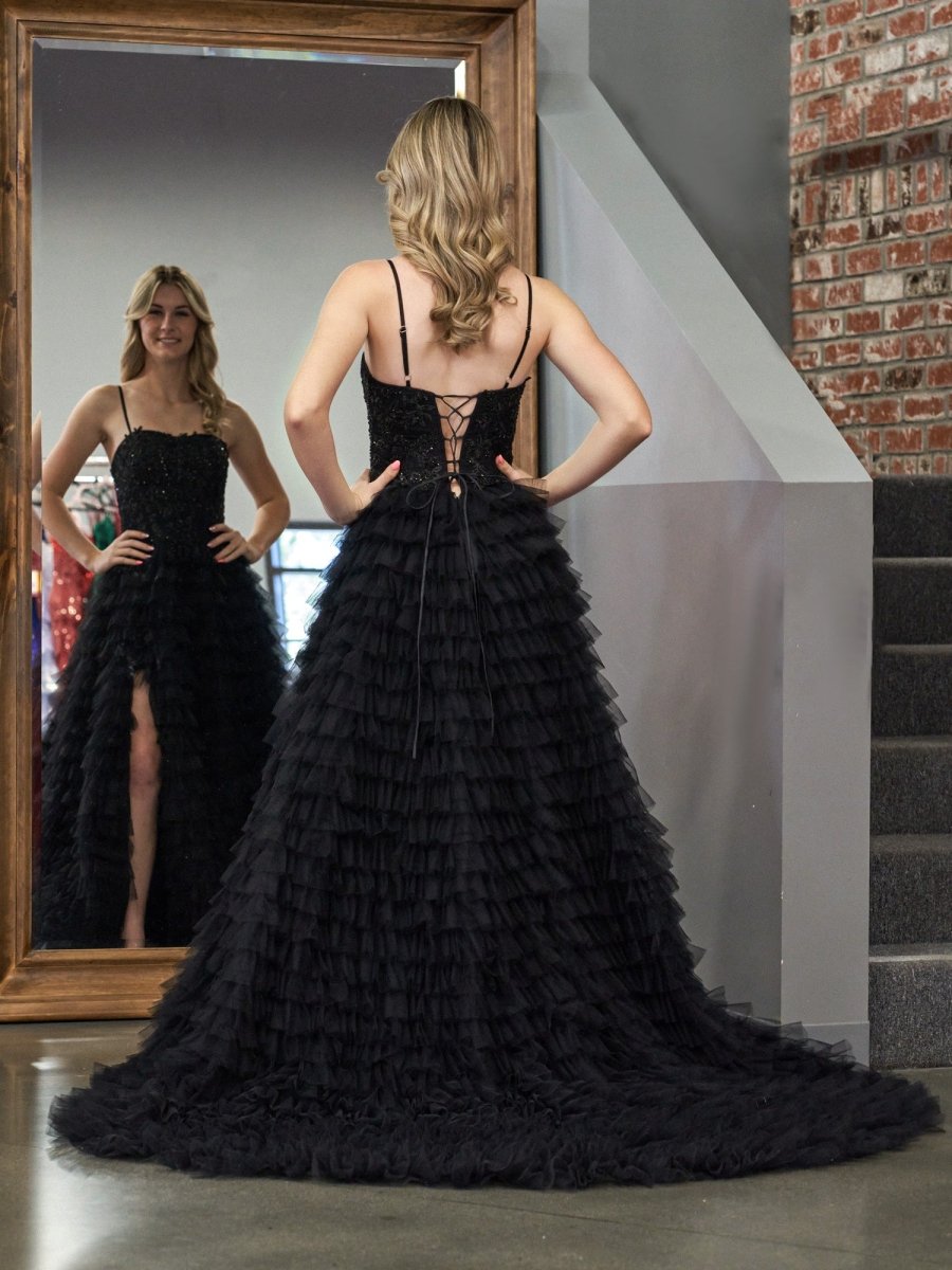 Jordan | Black A - Line Tiered Sequins Tulle Long Prom Dress - KissProm