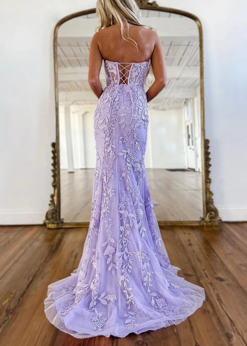 Evie |Mermaid Strapless Lace Prom Dress With Appliques - KissProm