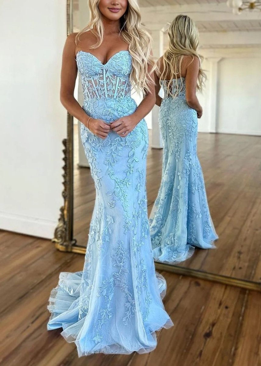 Evie |Mermaid Strapless Lace Prom Dress With Appliques - KissProm