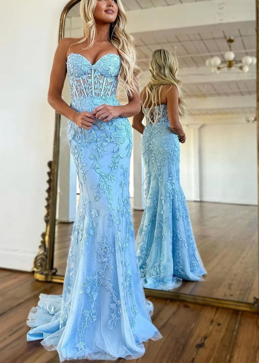 Evie |Mermaid Strapless Lace Prom Dress With Appliques - KissProm