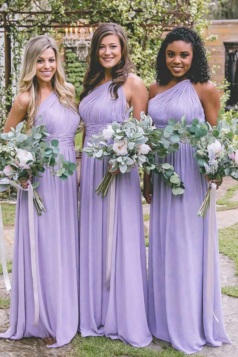 Dusty Blue One Shoulder Chiffon Long Boho Pleated Bridesmaid Dress |  KissProm