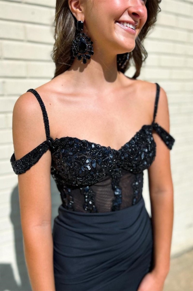 Black Sequin Cold - Shoulder Mermaid Long Formal Dress with Slit - KissProm