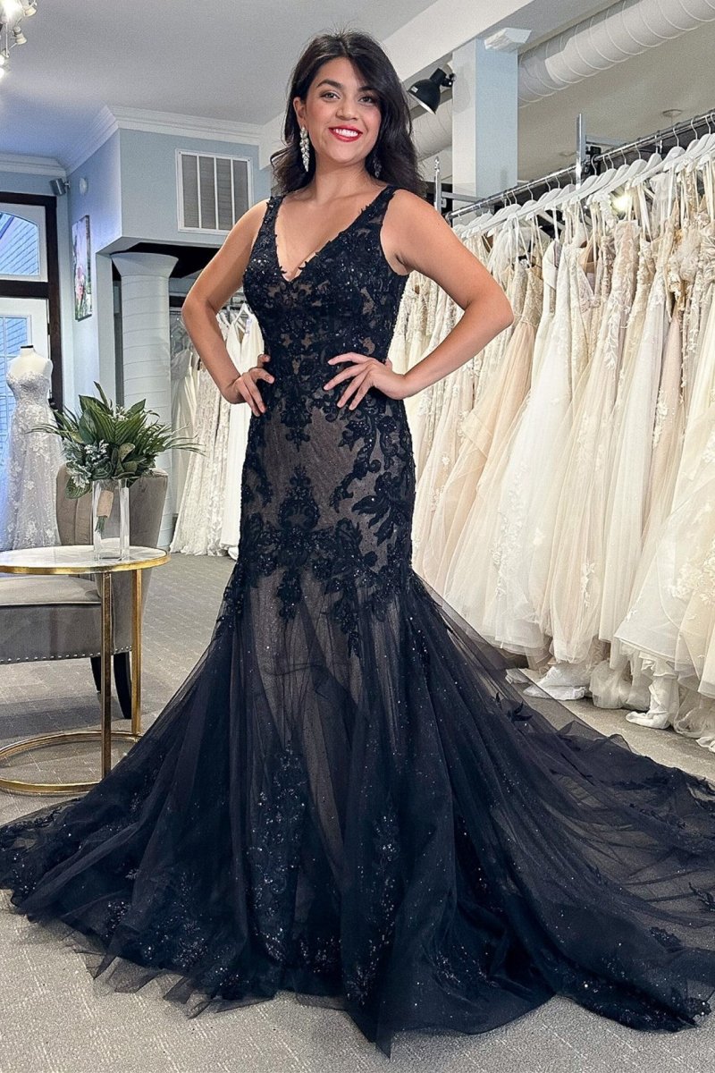 Chana | Black Tulle Appliques V - Neck Trumpet Long Wedding Dress - KissProm