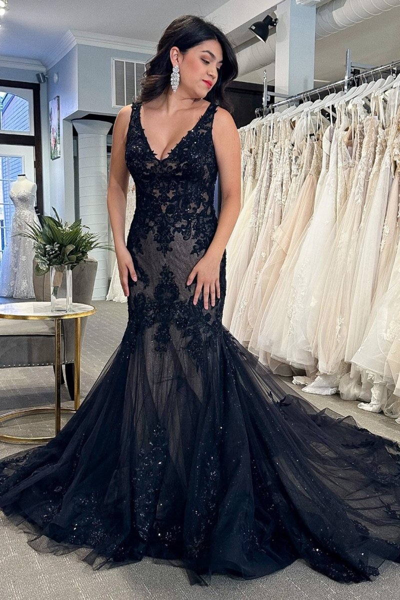 Chana | Black Tulle Appliques V - Neck Trumpet Long Wedding Dress - KissProm