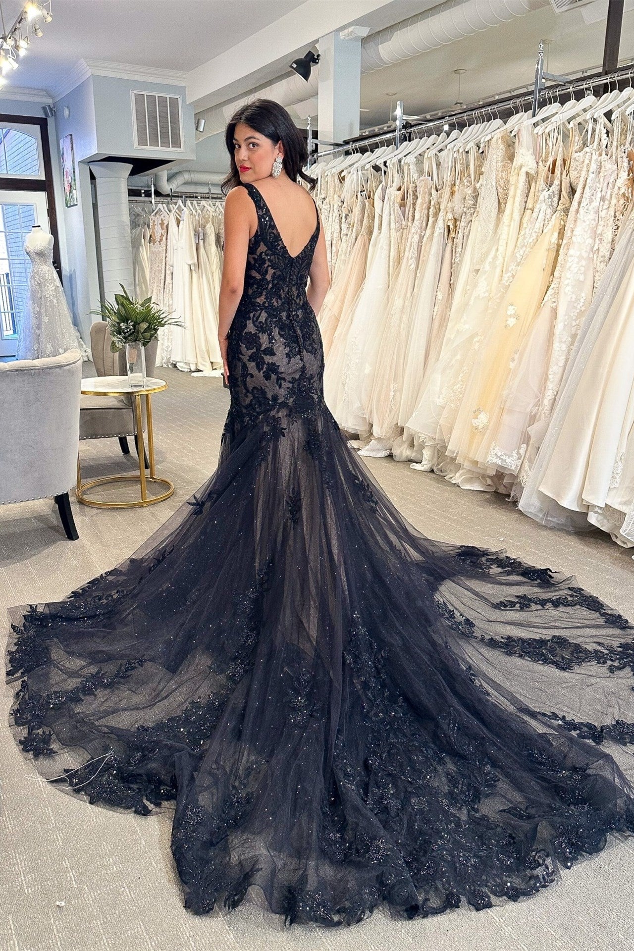 Chana Black Tulle Appliques V Neck Trumpet Long Wedding Dress