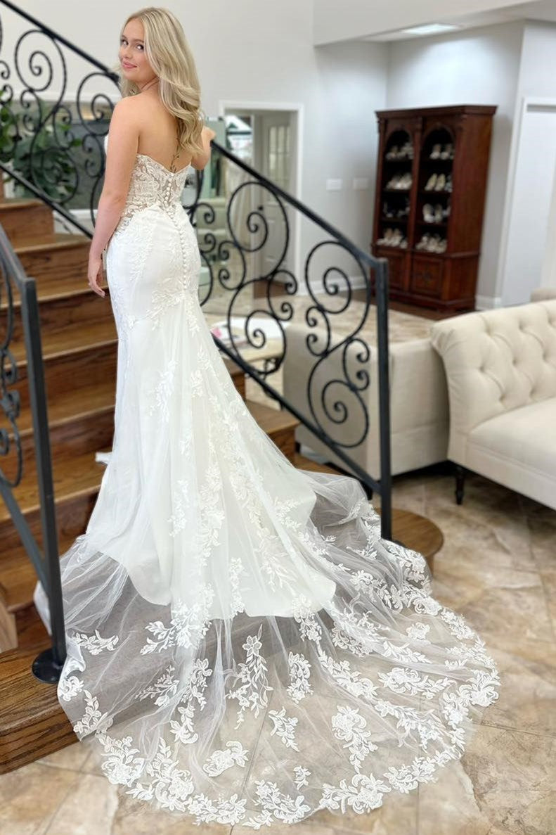 Lace White Strapless Appliques Mermaid Long Wedding Dress