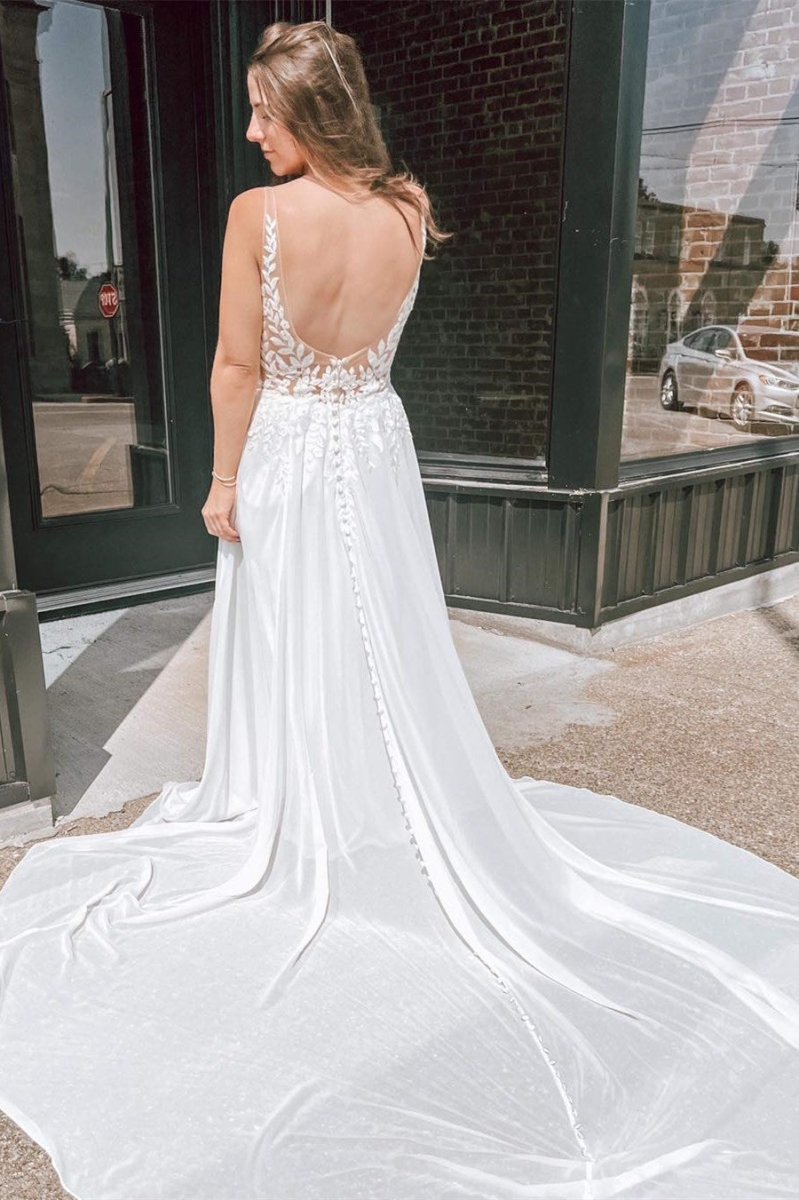 White Appliques Plunge V Open Back Long Wedding Dress - KissProm