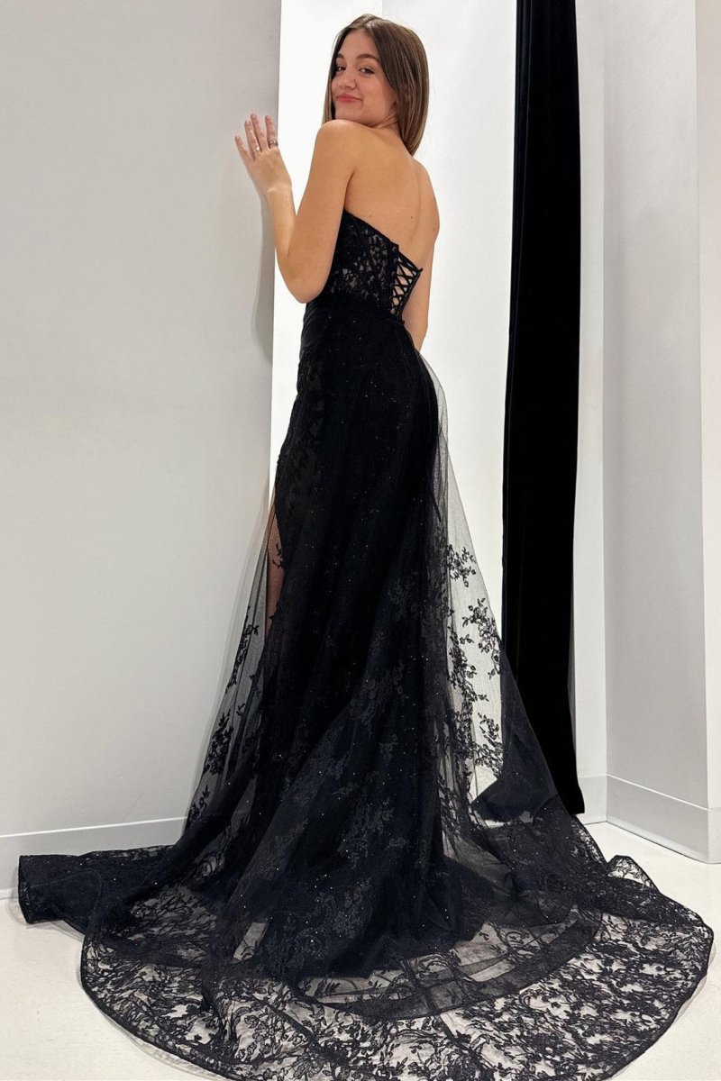 Giuliana | Black Lace Strapless Long Formal Dress with Attached Train - KissProm