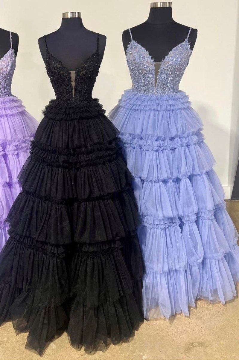 Hadlee | Black Beaded Spaghetti Strap Ruffle Tiered Ball Gown - KissProm