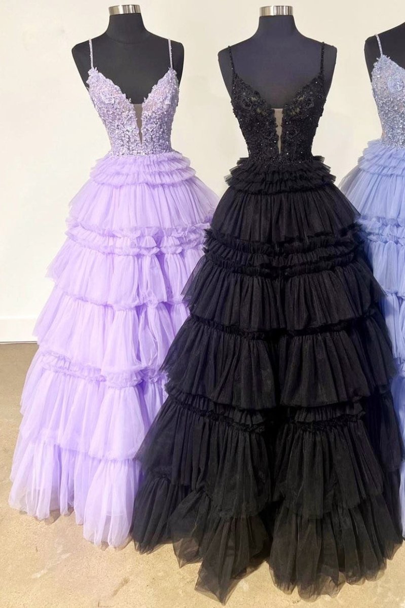 Hadlee | Black Beaded Spaghetti Strap Ruffle Tiered Ball Gown - KissProm