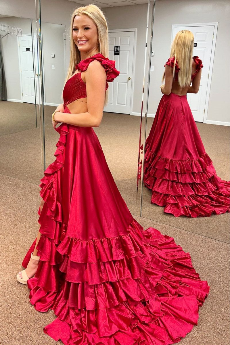 Brittany | Red Cutout Ruffle A - Line Long Prom Dress with Slit - KissProm