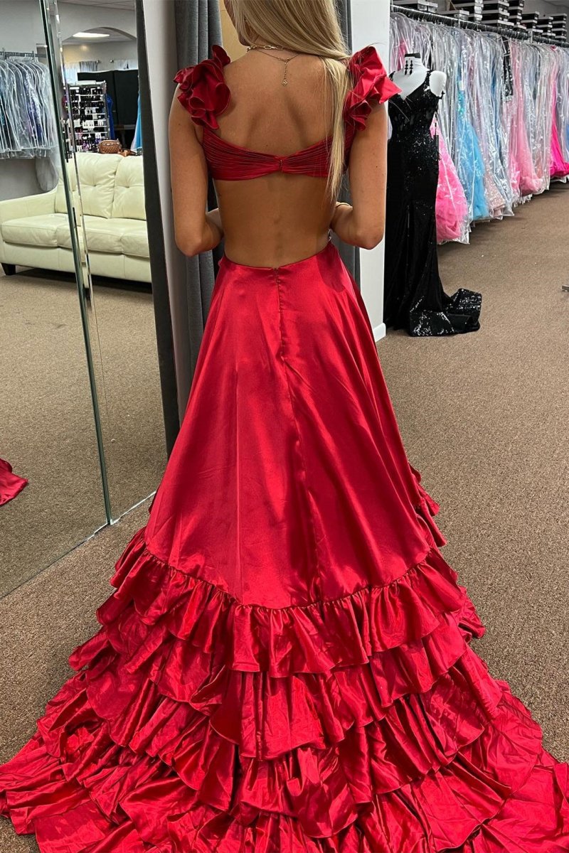 Brittany | Red Cutout Ruffle A - Line Long Prom Dress with Slit - KissProm