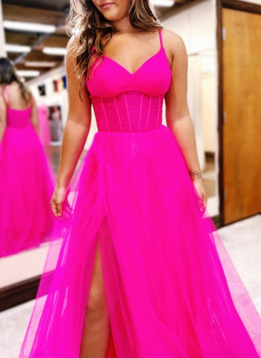 Galilea | Fuchsia V - Neck Sheer Bodice A - Line Long Prom Dress with Slit - KissProm