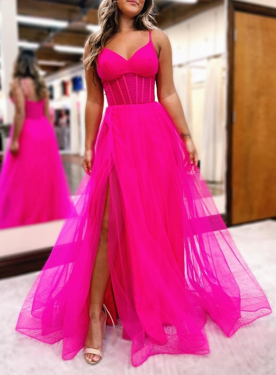 Galilea | Fuchsia V - Neck Sheer Bodice A - Line Long Prom Dress with Slit - KissProm