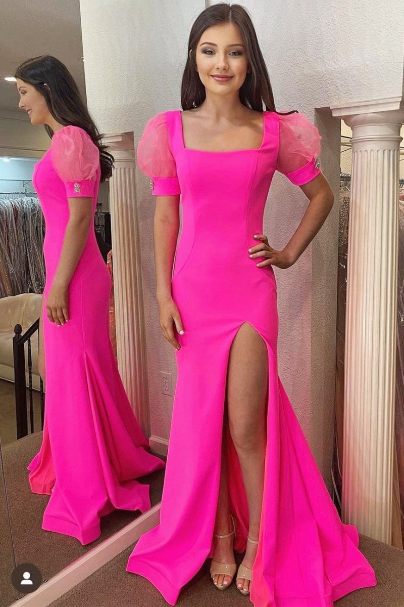 Hot Pink Square Neck Puff Sleeve Mermaid Long Dress with Slit - KissProm