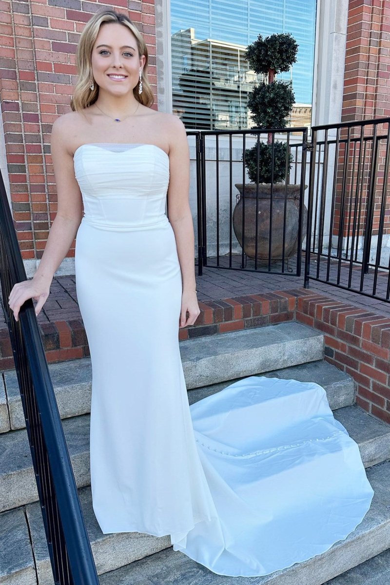 White Satin Strapless Mermaid Long Wedding Dress - KissProm