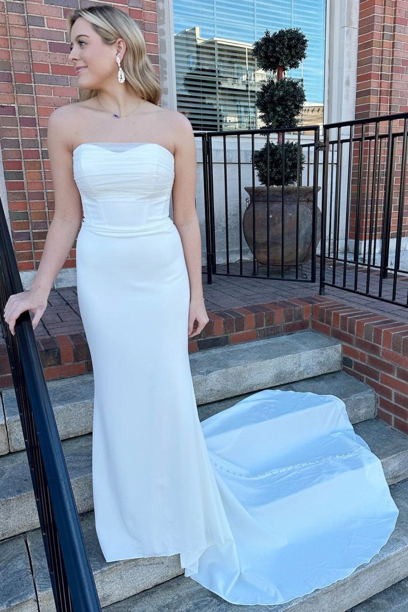 White Satin Strapless Mermaid Long Wedding Dress - KissProm