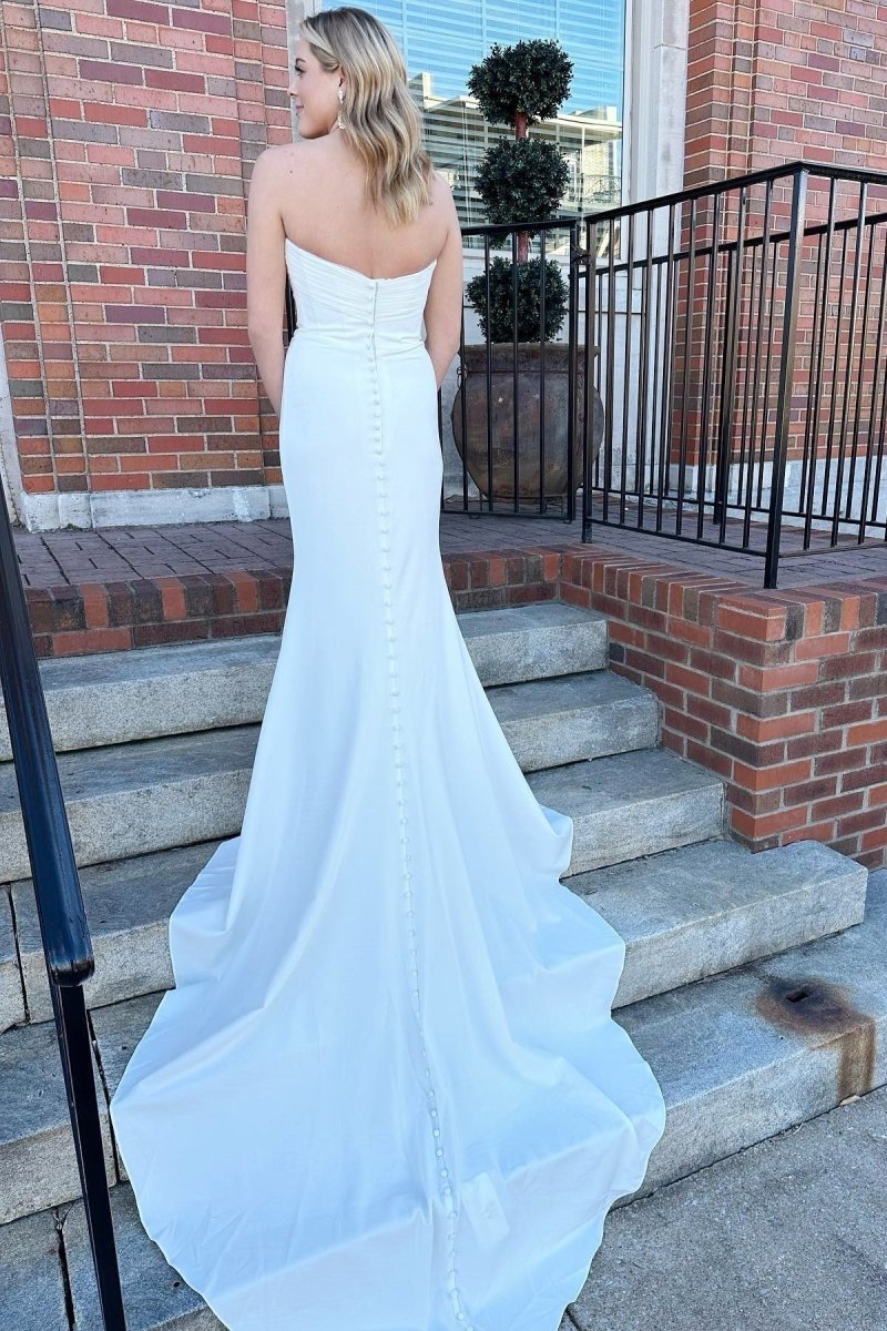 White Satin Strapless Mermaid Long Wedding Dress - KissProm