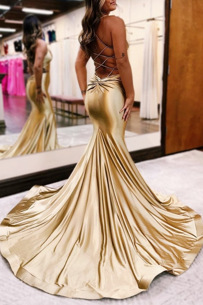 Gold V - Neck Lace - Up Trumpet Long Formal Dress - KissProm