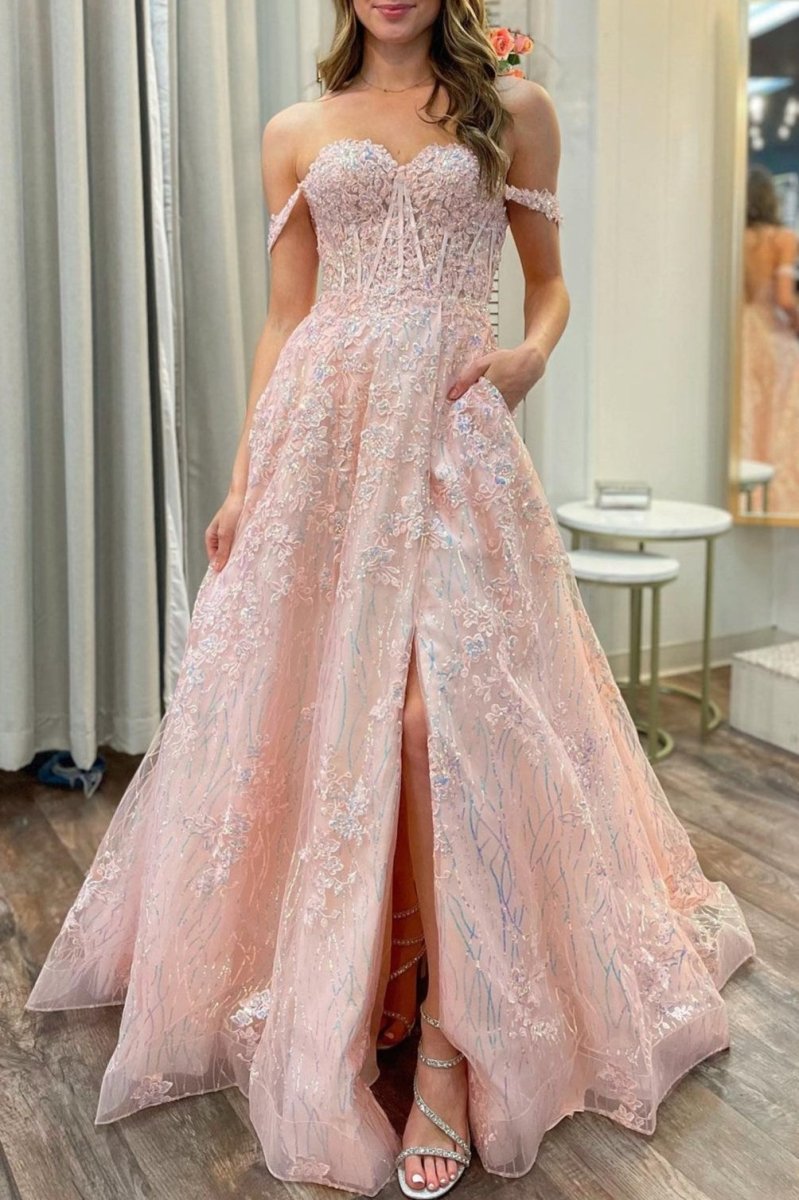 Sally | Pink Appliques Off - the - Shoulder A - Line Long Prom Dress - KissProm