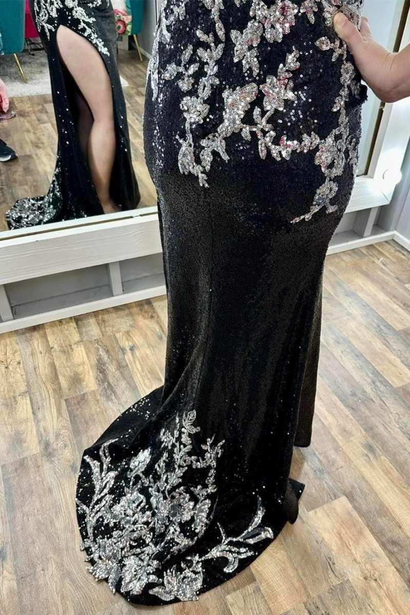 Charleigh | Black Sequin Appliques Spaghetti Strap Long Prom Dress with Slit - KissProm