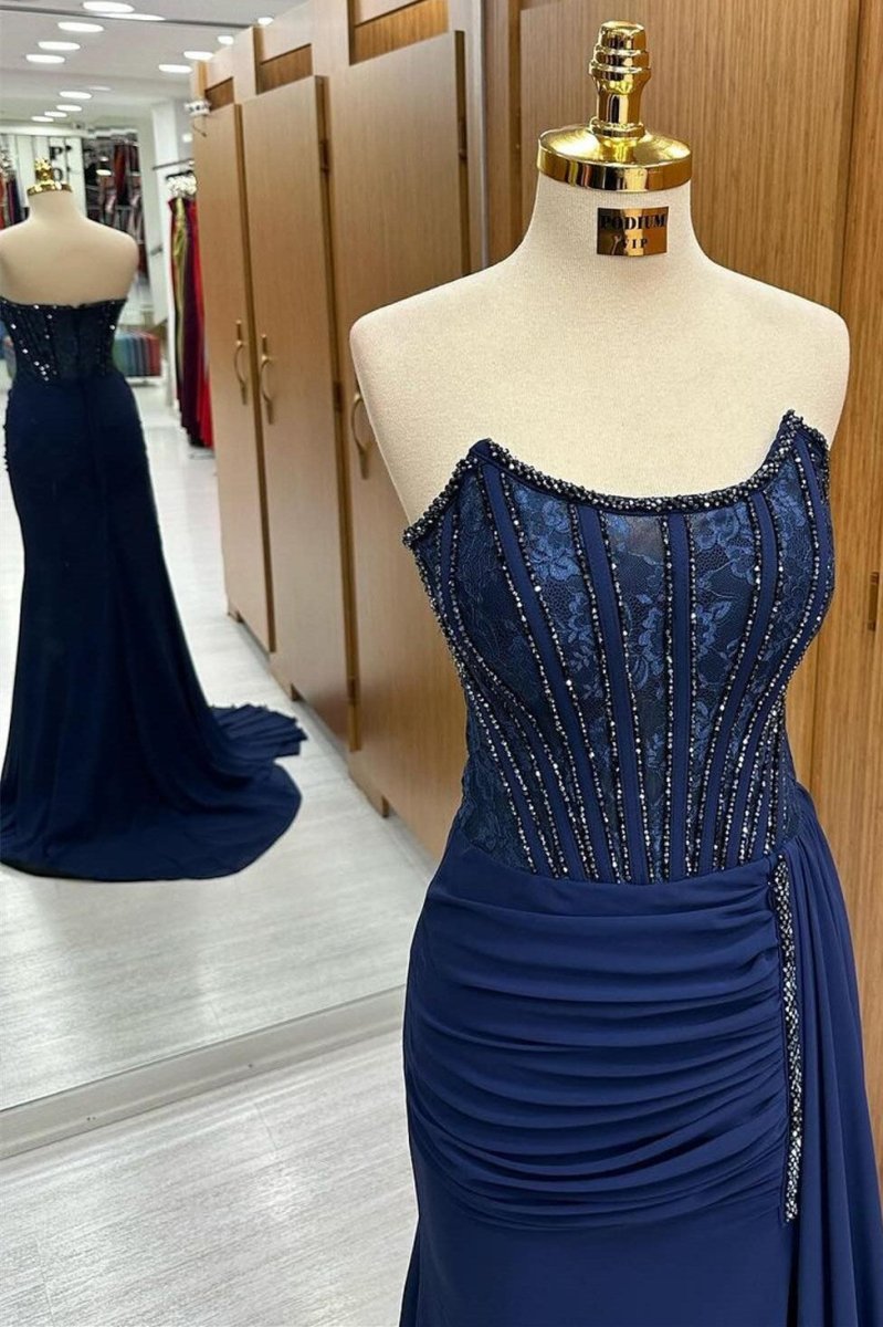 Maliyah | Navy Lace Beaded Strapless Long Formal Dress with Attached Train - KissProm