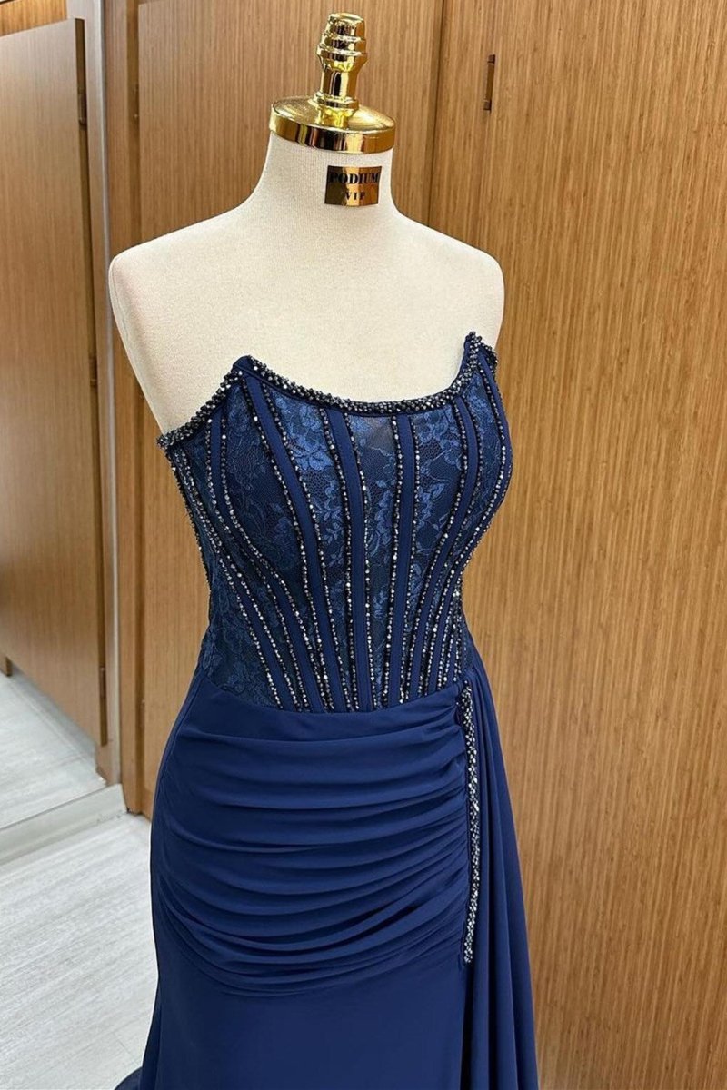 Maliyah | Navy Lace Beaded Strapless Long Formal Dress with Attached Train - KissProm