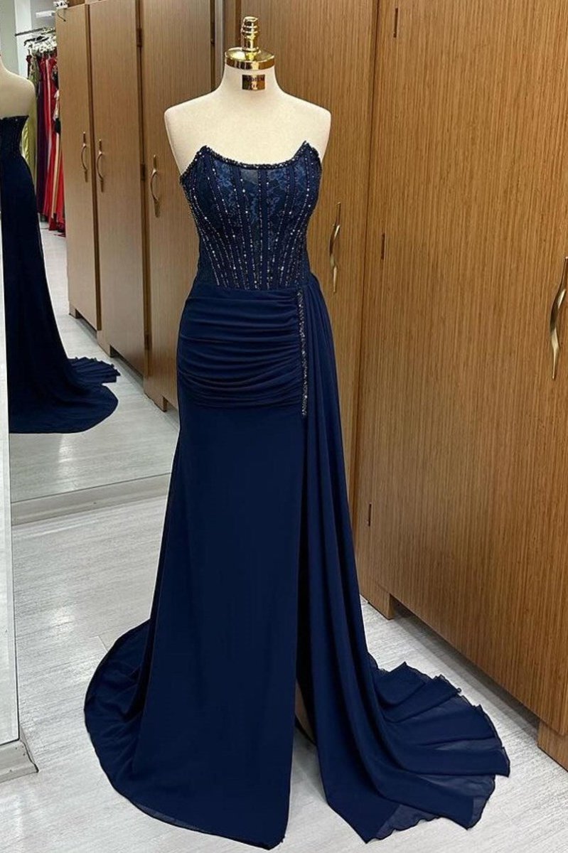 Maliyah | Navy Lace Beaded Strapless Long Formal Dress with Attached Train - KissProm