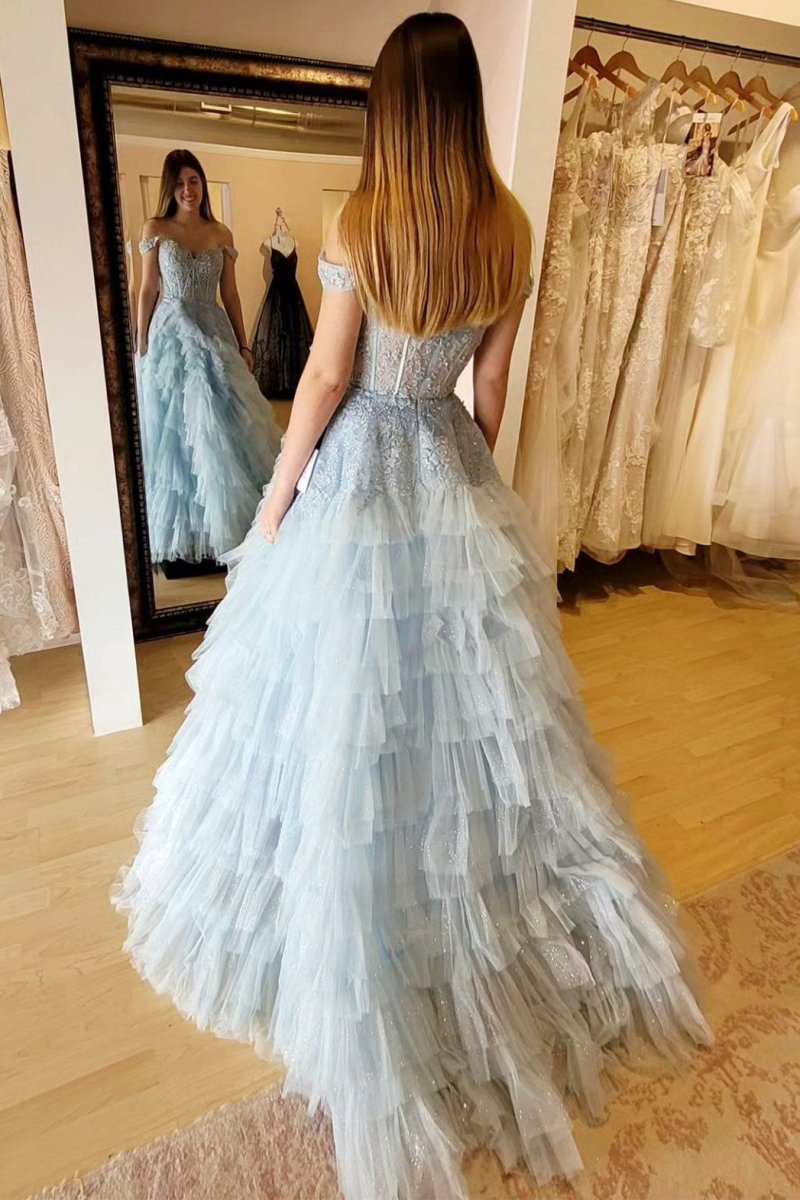 Oaklyn | Light Blue Appliques Off - the - Shoulder Ruffle Tiered Long Prom Dress - KissProm