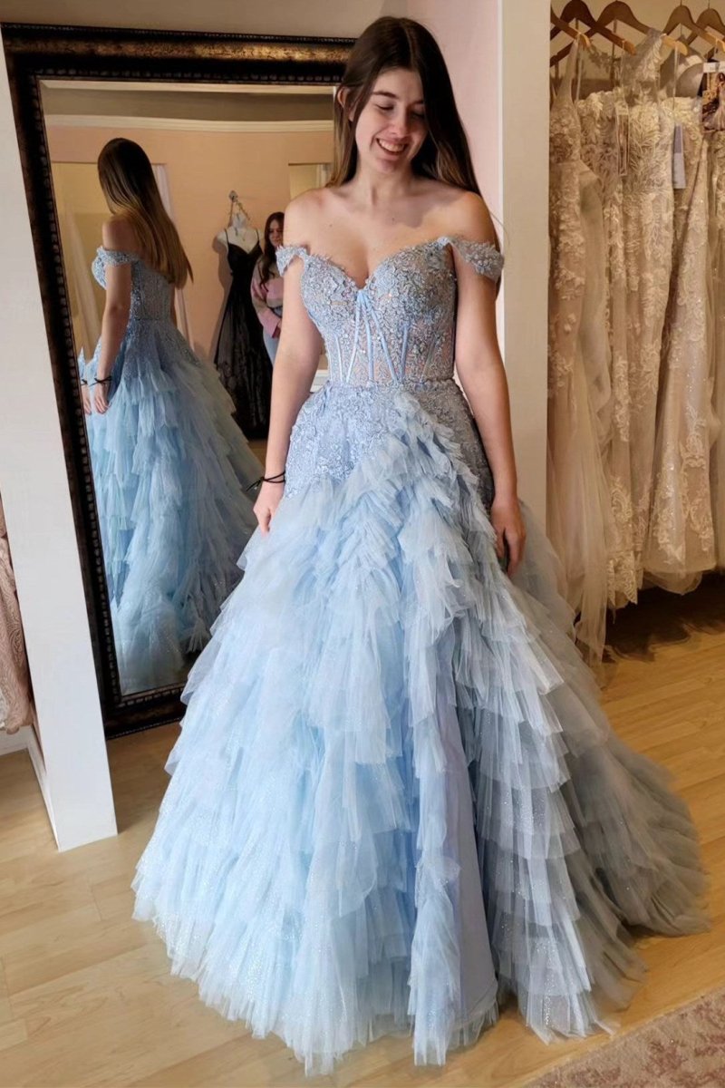 Oaklyn | Light Blue Appliques Off - the - Shoulder Ruffle Tiered Long Prom Dress - KissProm