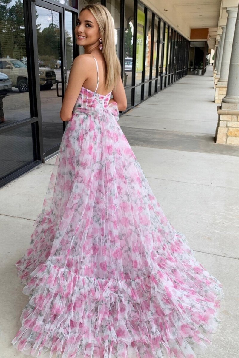 Rita | Pink Print Halter Keyhole A - Line Long Prom Dress - KissProm