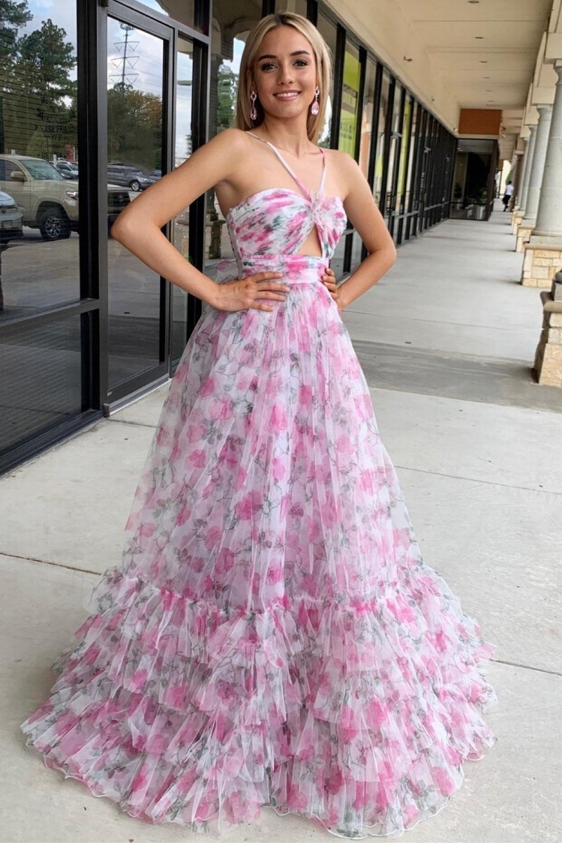 Rita | Pink Print Halter Keyhole A - Line Long Prom Dress - KissProm