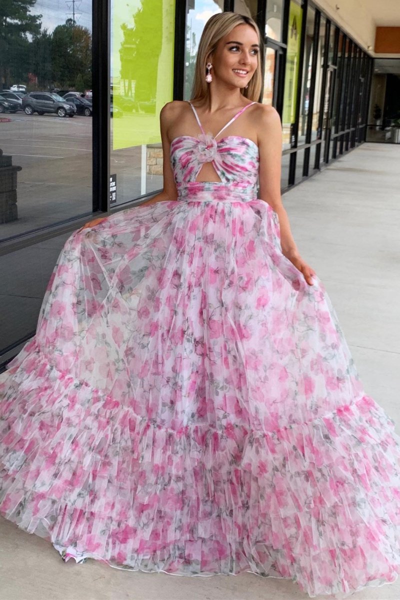 Rita | Pink Print Halter Keyhole A - Line Long Prom Dress - KissProm