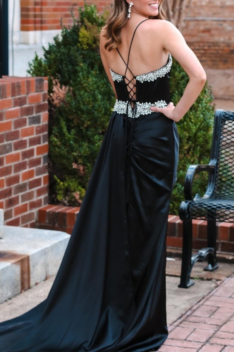 Markie | Black Rhinestone V - Neck Long Formal Dress with Attached Train - KissProm