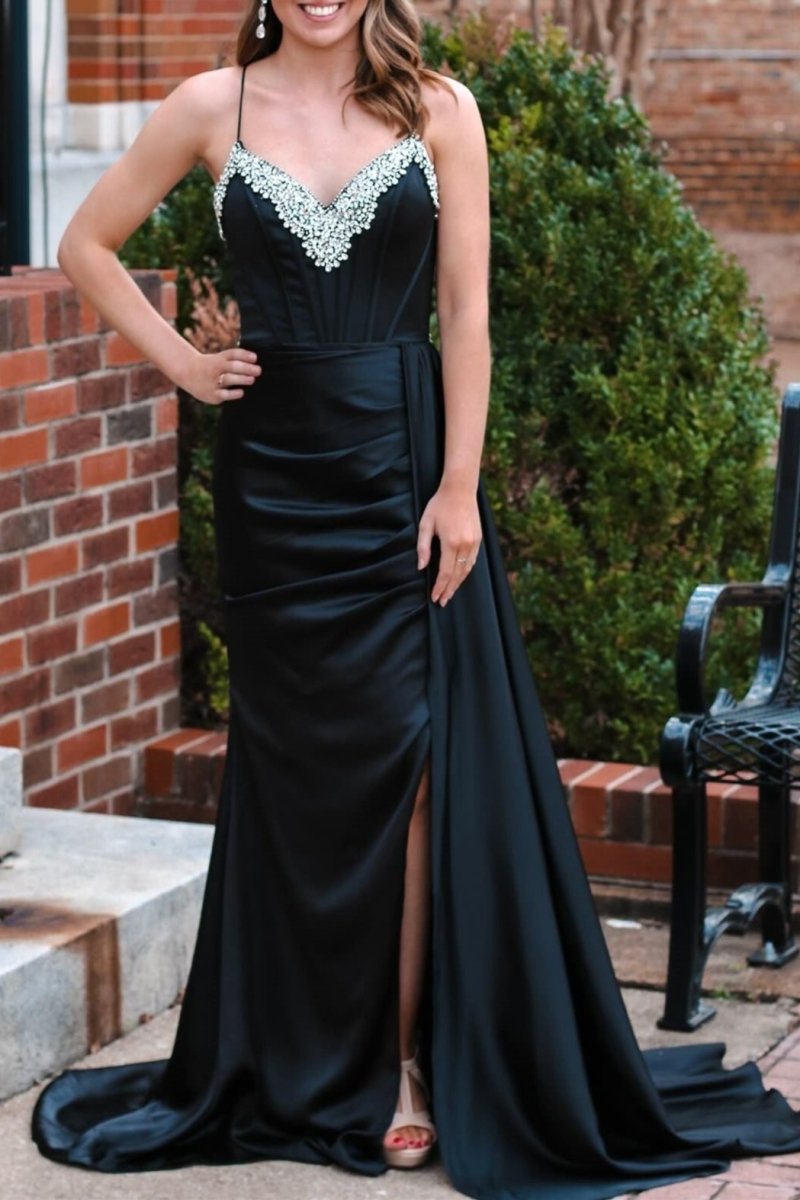 Markie | Black Rhinestone V - Neck Long Formal Dress with Attached Train - KissProm