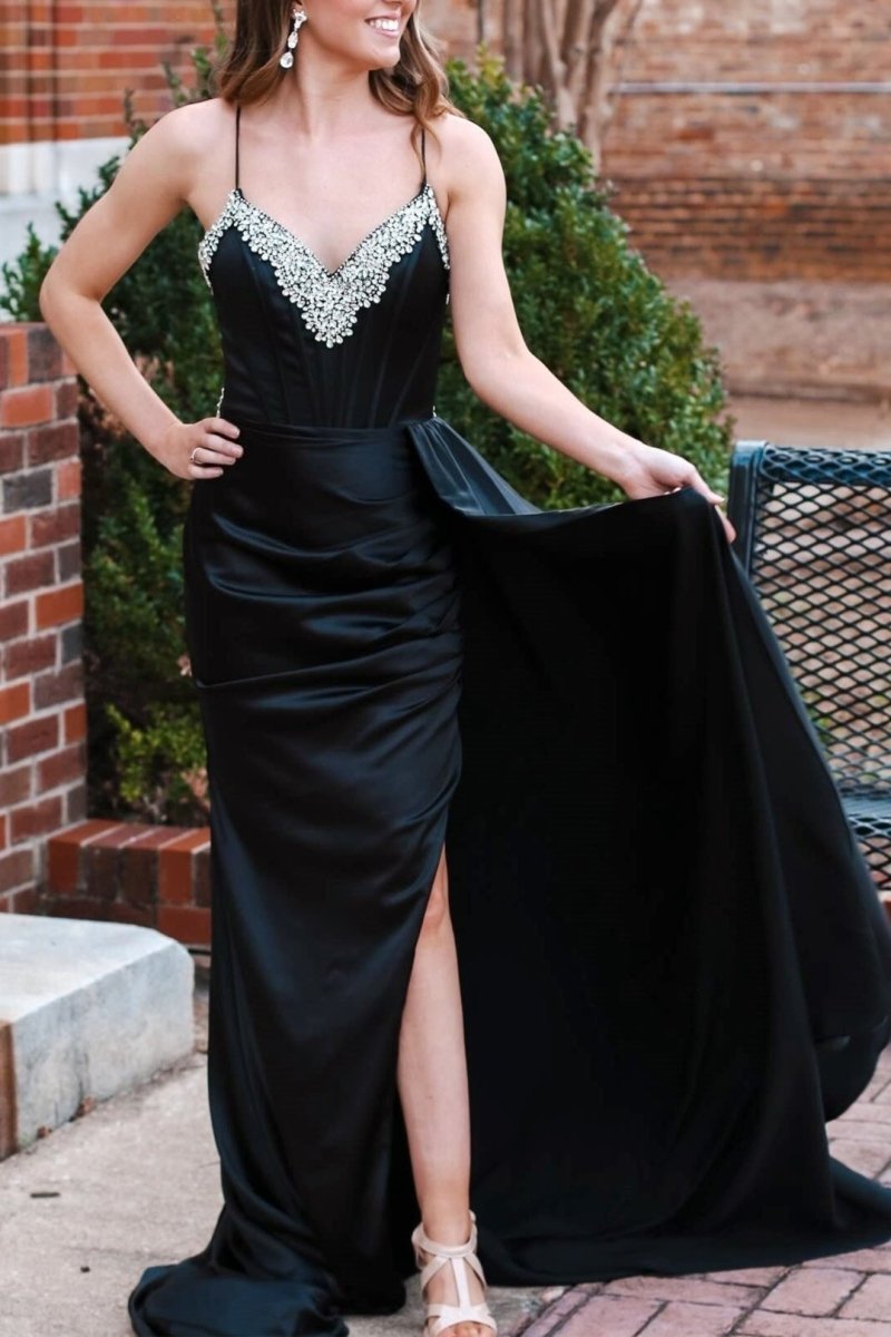 Markie | Black Rhinestone V - Neck Long Formal Dress with Attached Train - KissProm