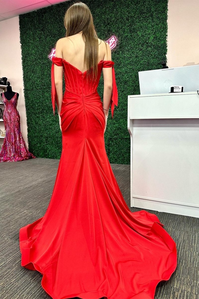 Pamela | Red Off - the - Shoulder Bow Sleeve Mermaid Long Prom Dress with Slit - KissProm