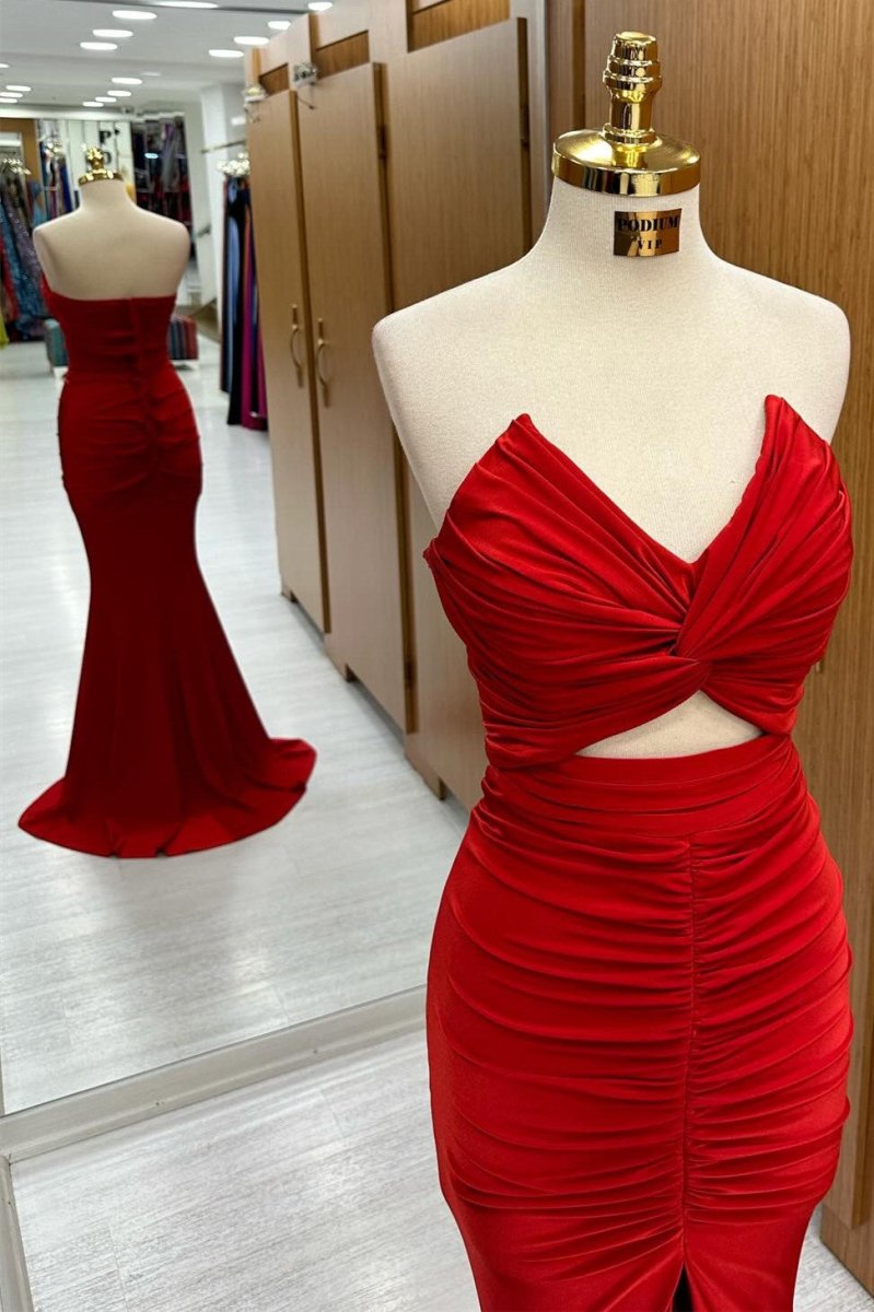 Monique | Red Strapless Twisted Knot Mermaid Long Formal Dress with Slit - KissProm