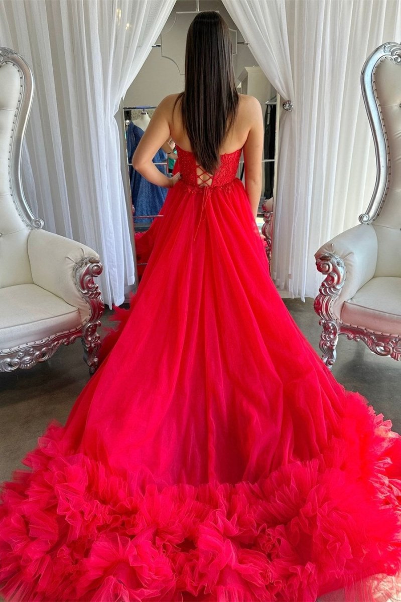 Romy | Red Tulle Appliques Sweetheart Ruffle Long Prom Dress - KissProm