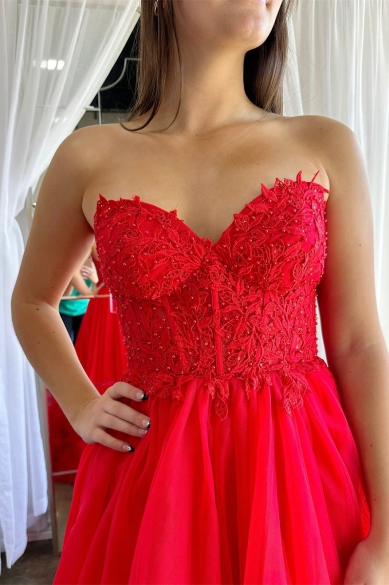 Romy | Red Tulle Appliques Sweetheart Ruffle Long Prom Dress - KissProm